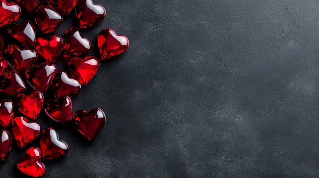 Red crystal hearts scattered on dark gray concrete background with copy space, romantic Valentine's Day concept for greeting cards and social media posts.
