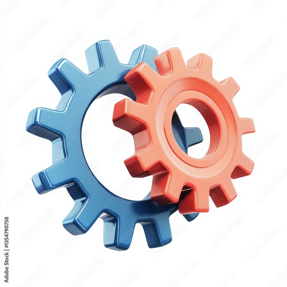 Fototapete interlocking gears: a 3d rendering of blue and red metallic cogs illustrating cooperation and mechan