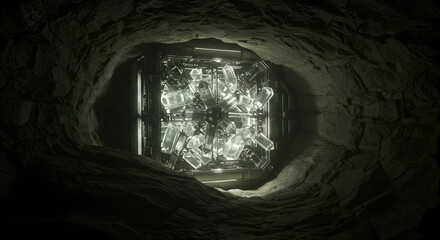 Obraz premium Glowing Crystal Formation Inside Dark Cave Exploration Concept