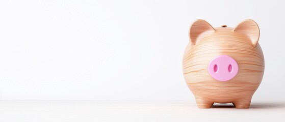 A cute wooden piggy bank with a pink snout against a clean, white background, symbolizing savings and financial planning.