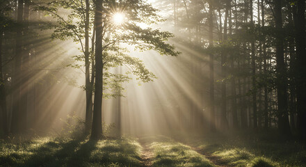 Naklejka premium Sunbeams Through Trees Creating Dramatic Light in Forest Path