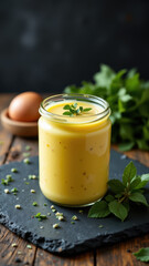 A jar of golden yellow beef tallow on a wooden table with herbs scattered around.