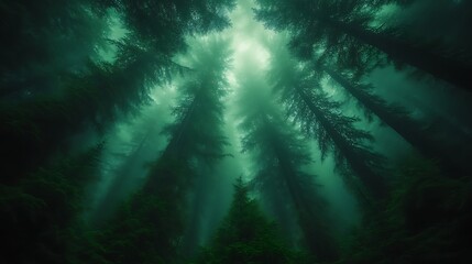 Obraz premium Foggy forest, upward view, mystical, nature backdrop