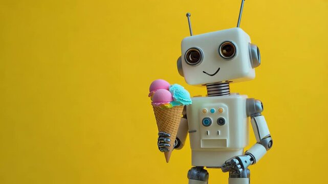 A retro robot smiles while holding a colorful ice cream cone against a vibrant yellow backdrop, blending technology with fun