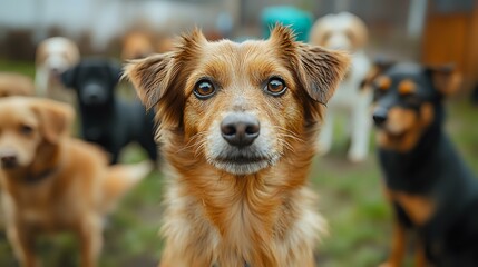 Obraz premium Brown and white mixed breed dog with bright blue eyes looking directly at camera, other dogs blurred in background. Close up portrait showing attentive expression.