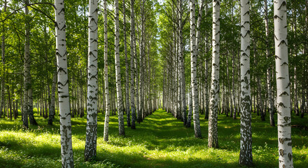 Obraz premium Walking Through a Birch Tree Forest with Sunlight on Green Grass