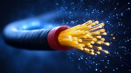 Close-up of glowing fiber optic cables transmitting data, isolated against a futuristic blue background, representing high-speed internet, communication, and technology.