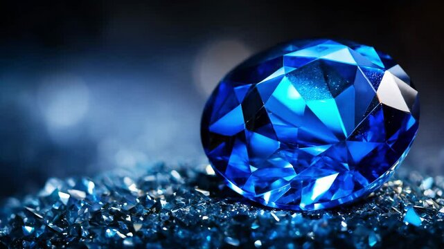 A blue gemstone is showcased in detail, resting on small sparkling crystals while surrounded by a dark background