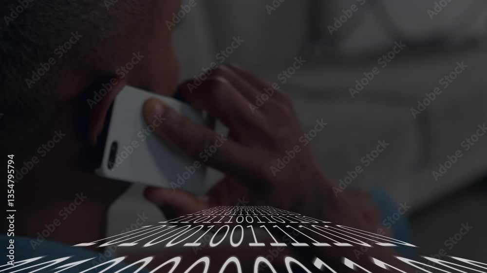 Poster person talking on phone with binary code animation overlaying scene