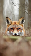 Fototapeta premium Red fox with a curious expression peeking through the grass in a natural forest setting 