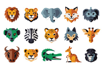 Fototapeta premium Diverse Animal Heads Set Lion, Tiger, Elephant, Fox, Wolf, Zebra, Crocodile, Giraffe, More