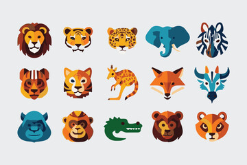 Obraz premium Flat Design of Animal Heads featuring Lion, Tiger, Elephant, Zebra, Fox, Bear