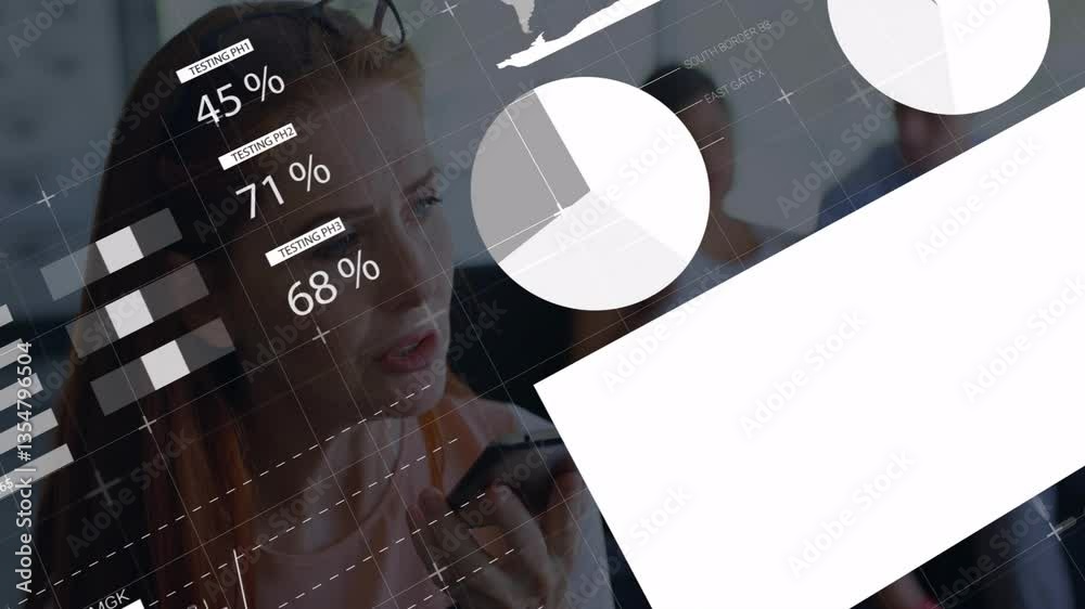 Poster animation of abstract data visualization with percentages and world map in school