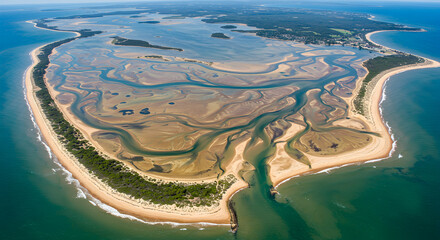Coastal Lagoon Aerial View Reveals Island with Beaches and Waterways