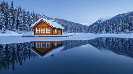 Fototapeta premium Winter cabin reflecting in a frozen lake at dawn.