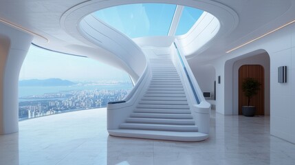 Obraz premium Luxury home and mansion premium, A modern, sleek interior features a spiral staircase, large windows with stunning views, and minimalist design elements.