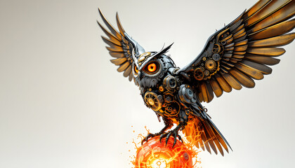 Fototapeta premium Mechanical Owl in Flight: A Steampunk Masterpiece
