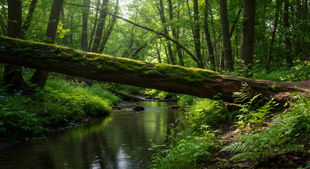 Obraz premium Mossy Log Crossing Forest Stream Green Woodland Nature Landscape