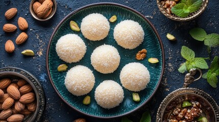 Exquisite coconut ladoos arranged on a plate amid nuts and mint leaves