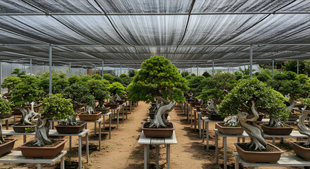 Exploring Bonsai Garden with Rows of Miniature Trees Under Shade Cloth