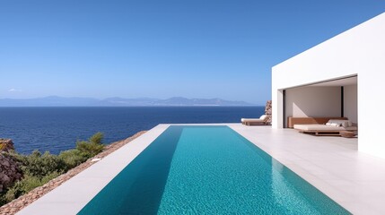 Fototapeta premium Luxury home and mansion premium, A modern villa with a stunning infinity pool overlooking the ocean, featuring minimalist architecture and serene surroundings.