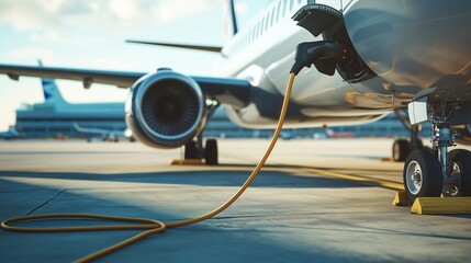 Electric passenger airplane charging at airport, close-up of charging plug and yellow cable