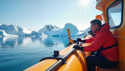 Geologist measuring ice in zodiac boat on arctic waters, scientific exploration