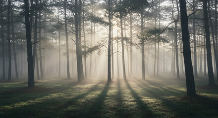 Obraz premium Sunlight Streaming Through Foggy Forest Creating Long Dramatic Shadows