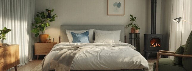 Cozy bedroom with a wood burning stove, plants, and natural light.