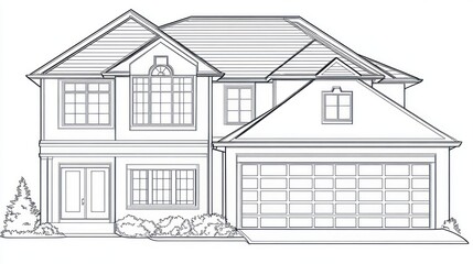 Two-story house drawing with landscaping. Possible use Architectural visualization