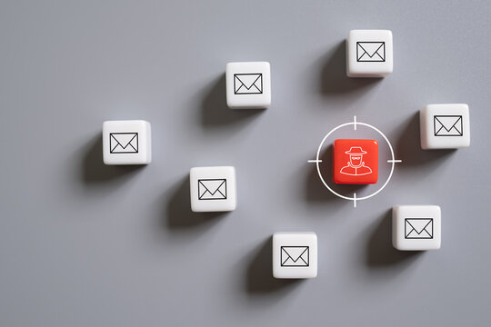 Red cube identify and detect cybercrime from email warning sign after got attack phishing email by malware from hacker that commit cyber crime or software crash to cause an error. Antivirus concept