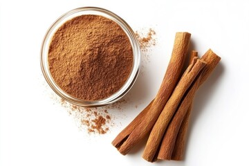 Cinnamon Sticks and Powder in Bowl Isolated on White Background
