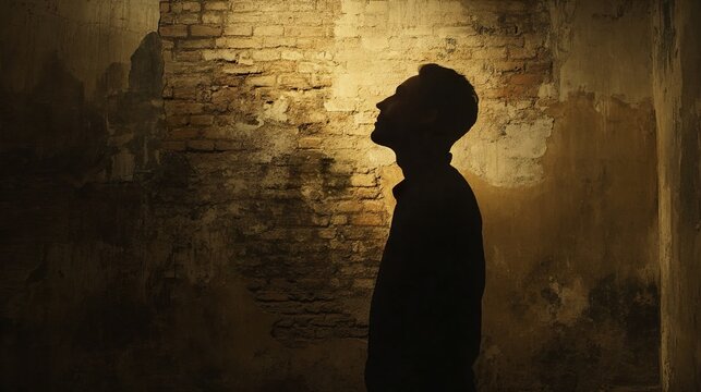 Silhouette of a Man Against a Brick Wall: A Study in Light and Shadow