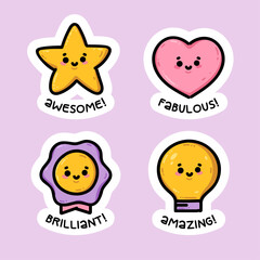 Cute and colorful vector sticker pack with motivational hand-drawn reward designs: heart, star, award, and light bulb, in a playful doodle style. Ideal for kids and education