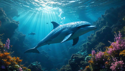 Naklejka premium Dolphin swimming coral reef ocean. (1)