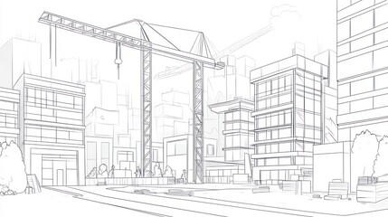 Obraz premium Cityscape construction crane line drawing. Possible use for architectural design, engineering projects, or construction concept art
