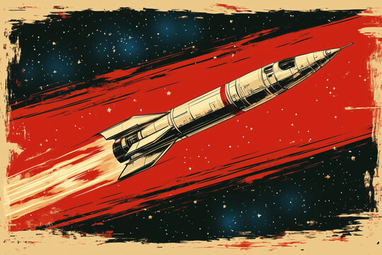 Vintage Soviet poster for Cosmonautics Day, April 12. Rocket illustration. Soviet style design. Space exploration. Retro propaganda. Russia&rsquo;s space history
