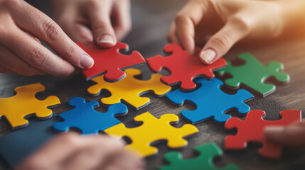 Puzzle pieces being placed together by hands, symbolizing teamwork and collaboration