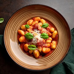 Soft, pillowy gnocchi coated in a rich tomato sauce, topped with fresh basil and grated parmesan, sits invitingly on a rustic ceramic plate