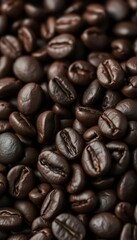Fototapeta premium Close-up of dark roasted coffee beans, rich texture, backdrop, grain, picture