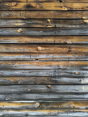 Powierzchnia ściany wykonanej ze starych desek zagruntowanych w przeszłości ciemnym podkładem. Część desek jest częściowo spruchniałych i pokrytych mchem. © boguslavus