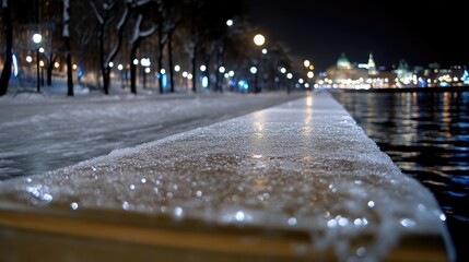 Obraz premium Frozen winter embankment at night. Snowy, icy walkway by a river, illuminated by city lights