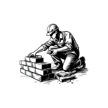 builder laying bricks monochrome construction scene clip art preview