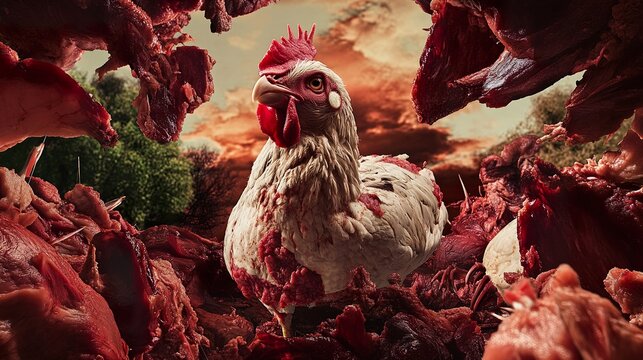Surreal Chicken in a Sea of Meat: A Dark Commentary