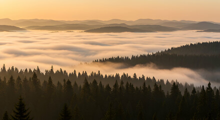 Scenic Forest Above the Clouds at Sunrise with Mountain Views