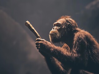 Orangutan Holding Stick for Dark Background.