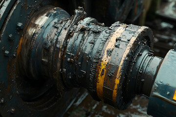 Close-up of a heavily soiled industrial machine part, showcasing intricate details and textures.  Mud, oil, and wear are visible, highlighting the machine's hard use.