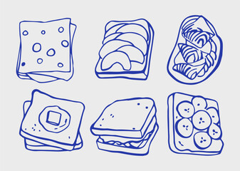 A set of doodle illustrations of sandwiches