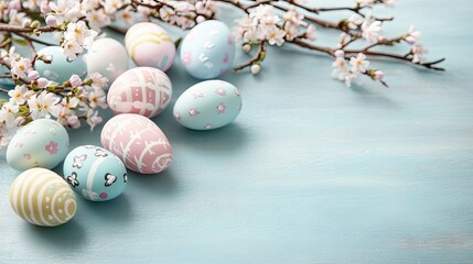 Obraz premium Painted eggs nestle near white blossoms on a pale blue textured surface, celebrating springtime's festive holiday
