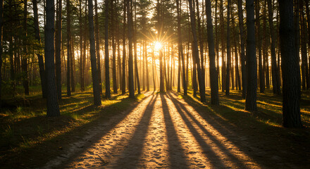 Obraz premium Sunlight Streaming Through Tall Trees in a Forest Landscape